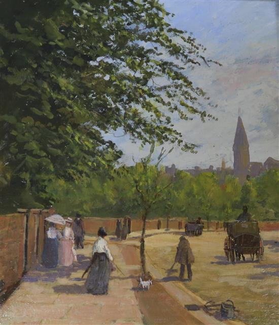 E.A Clark oil, an Edwardian park scene 31x26cm